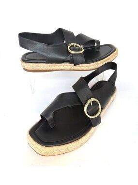 Nordstrom Perri Espadrilles Black Leather Toe Ring Sandals Women Size 9.5